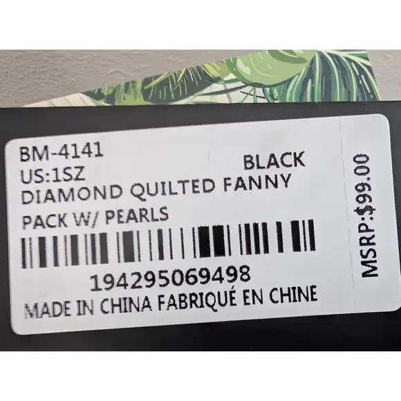 NWT Badgley Mischka Black Quilted Vegan Leather Belt Bag - Pearl & Chain Accent - Picture 8 of 8